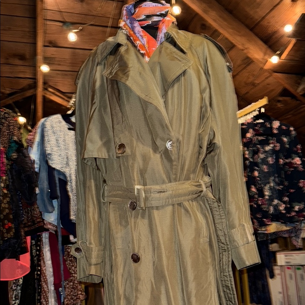 Men Olive Green Double-Breasted Trench Coat with Wide Lapels.100%Made in France.